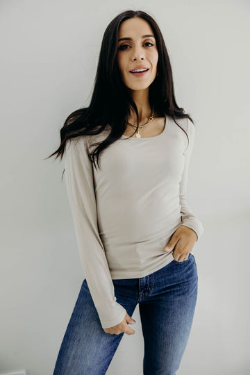 LONG SLEEVE SCOOP TEE IN SAND
