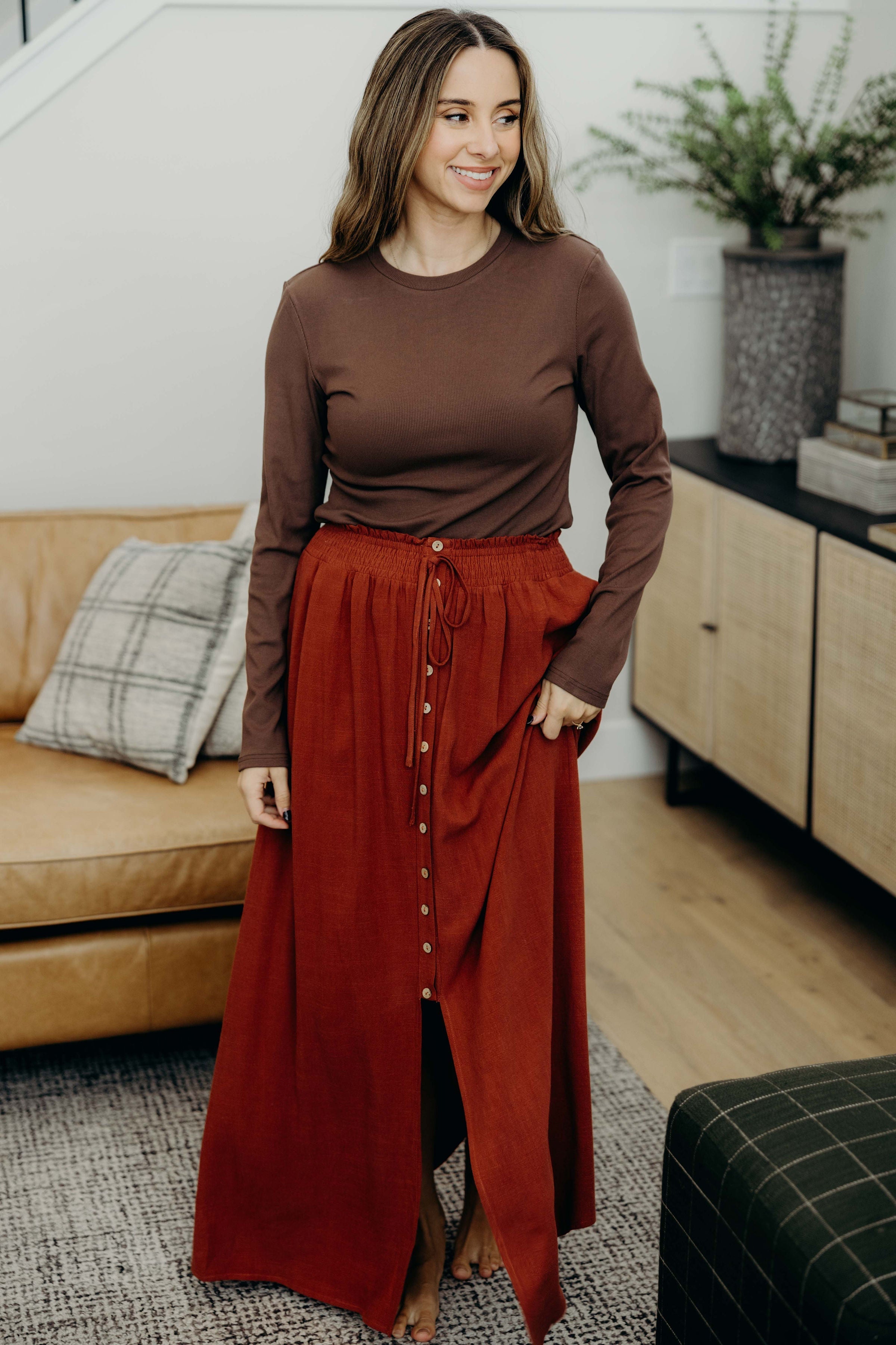 HIGH NECK LONG SLEEVE TEE IN RUSTIC BROWN FINAL SALE