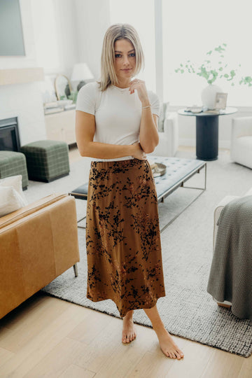 MIDI SLIP SKIRT IN LUXE BLOSSOM