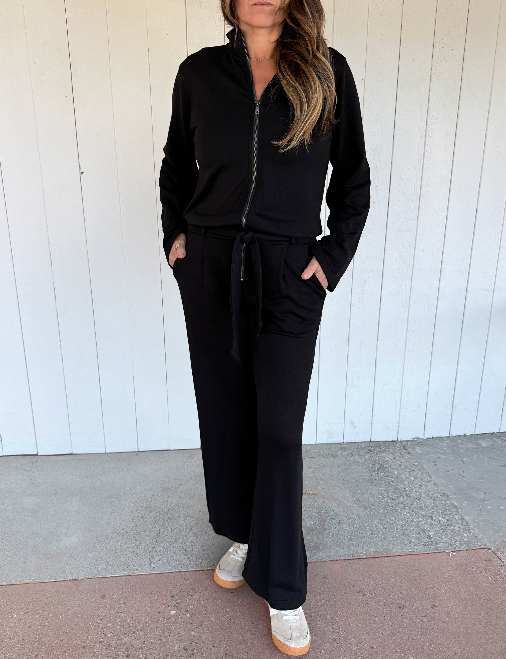 L/S Wide Leg Jumpsuit, Black