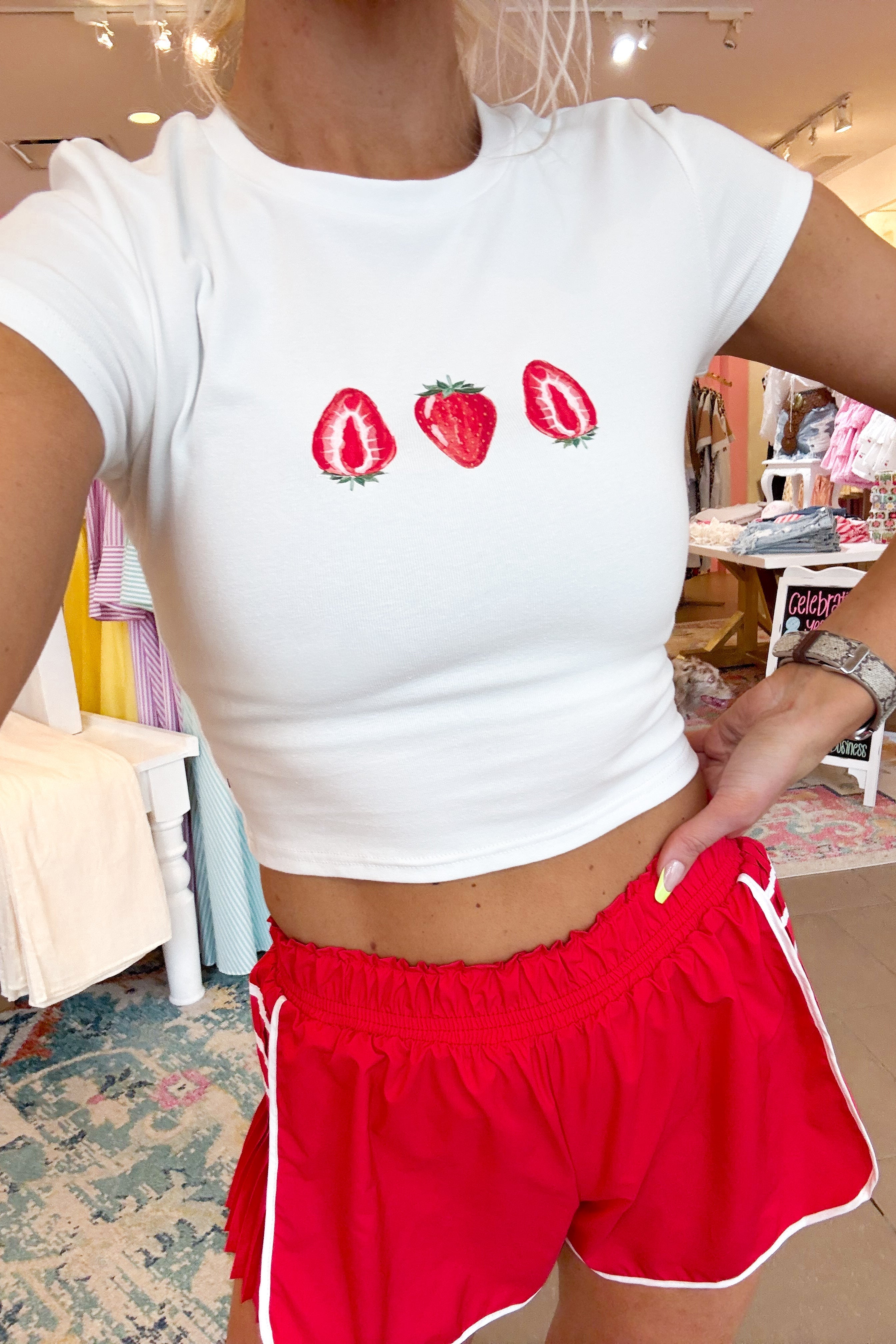 On Point Red and White Pleated Detail Athletic Shorts