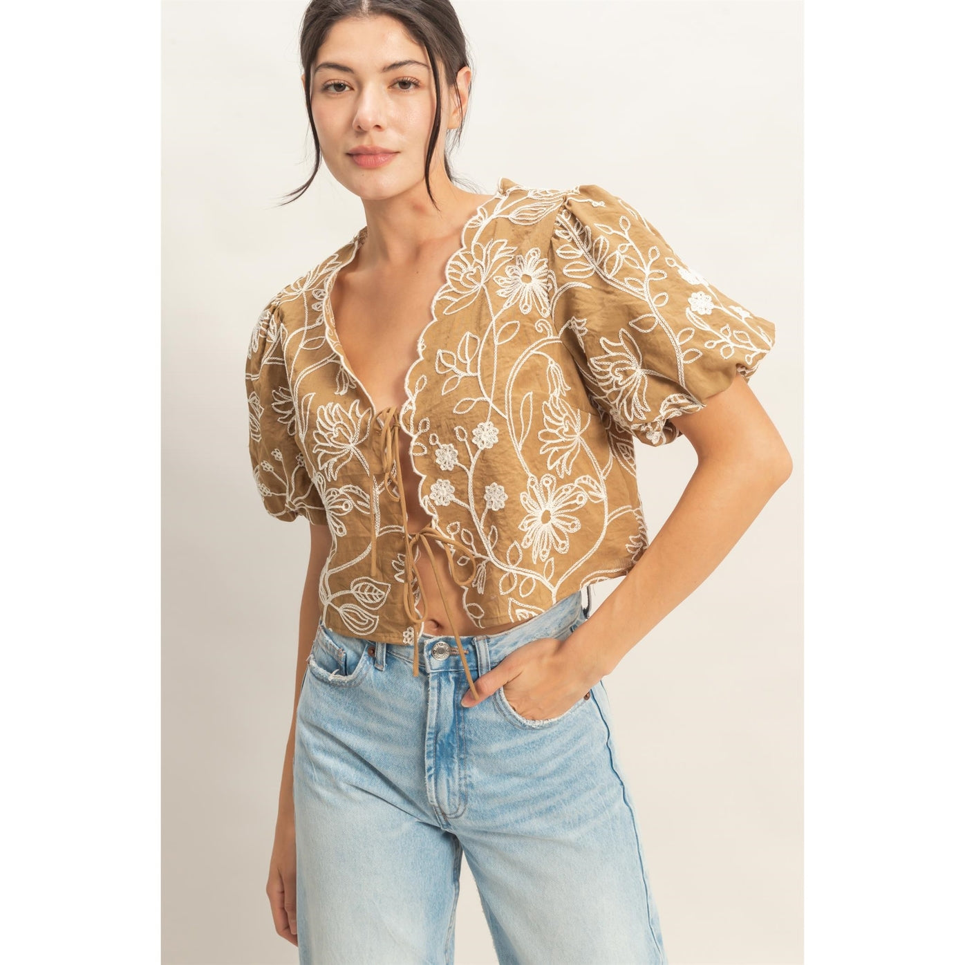 Floral Embroidered Tie Front Top