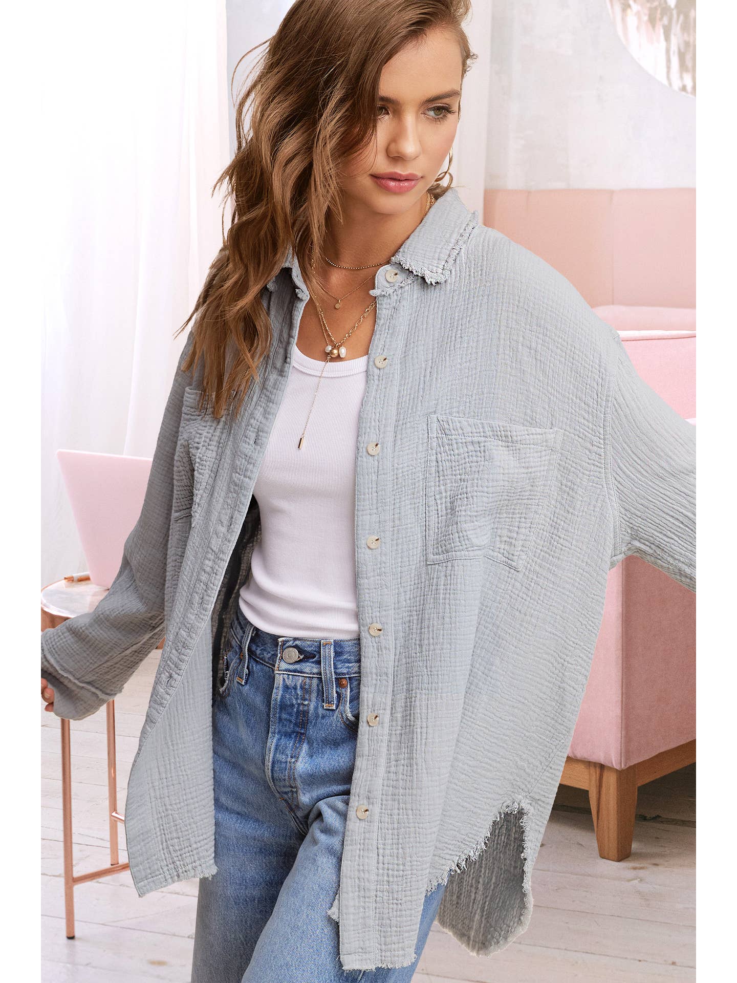 Crinkle Gauze Button Shirt