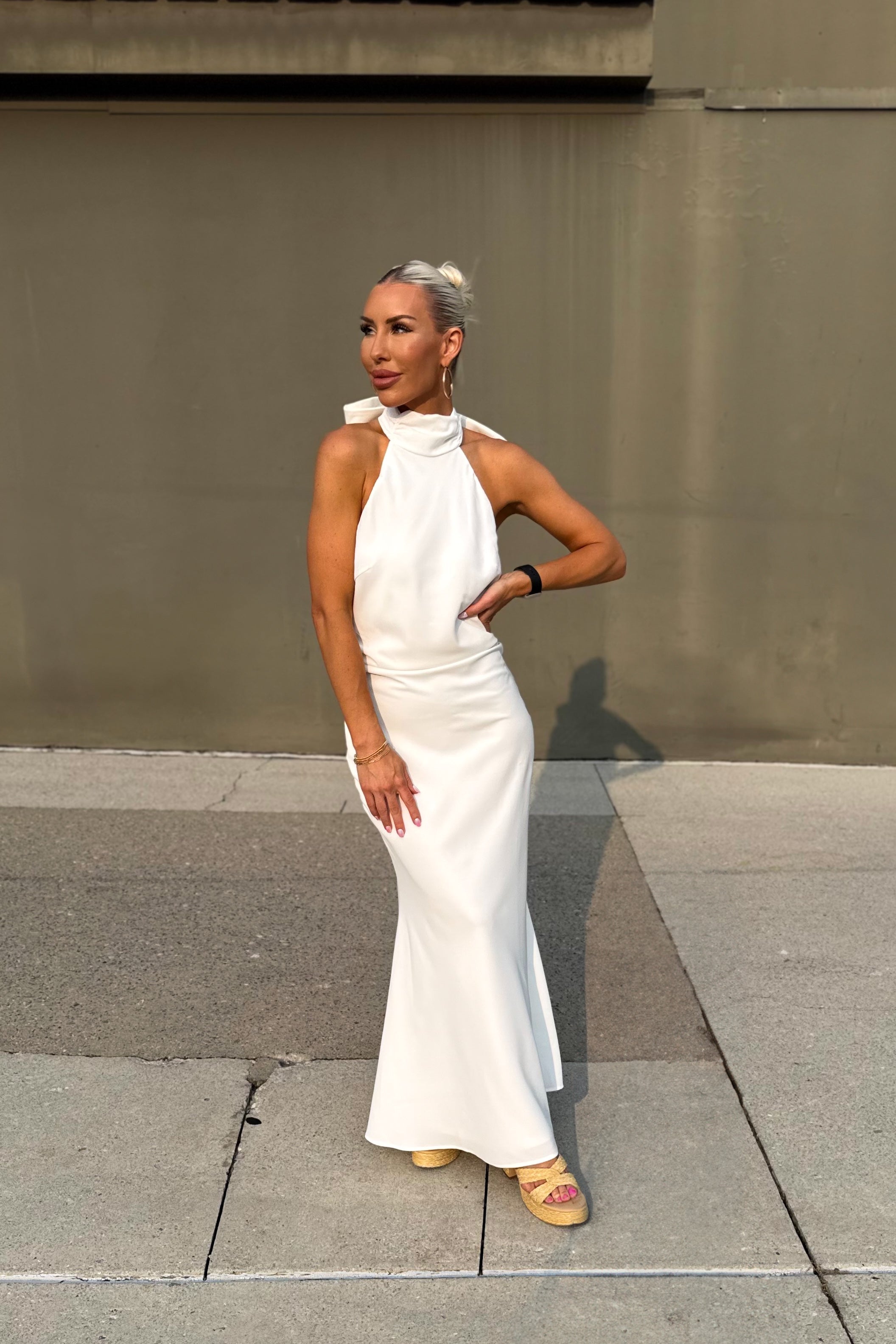 White Mock Neck Bow Detail Maxi Dress