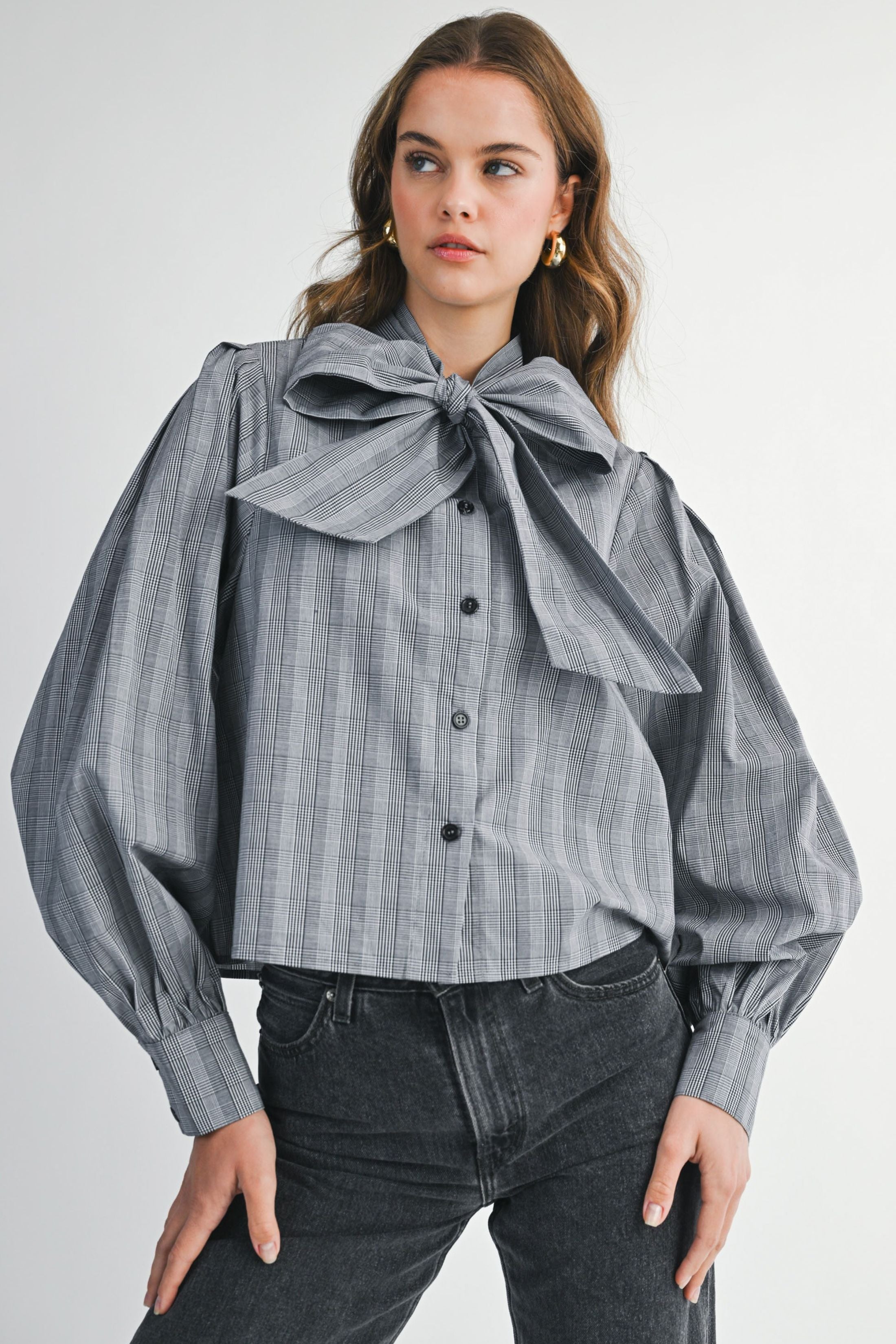 Violet Plaid Bow Blouse Top