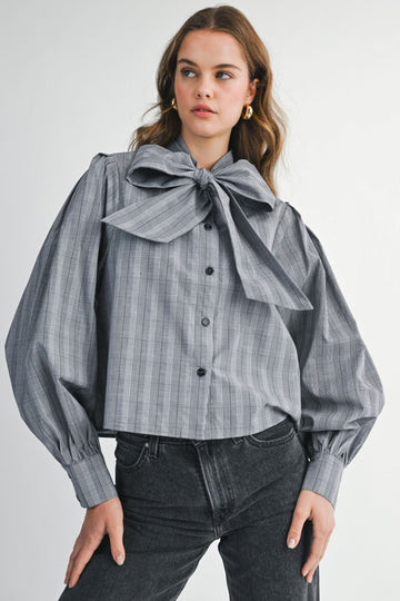 Violet Plaid Bow Blouse Top