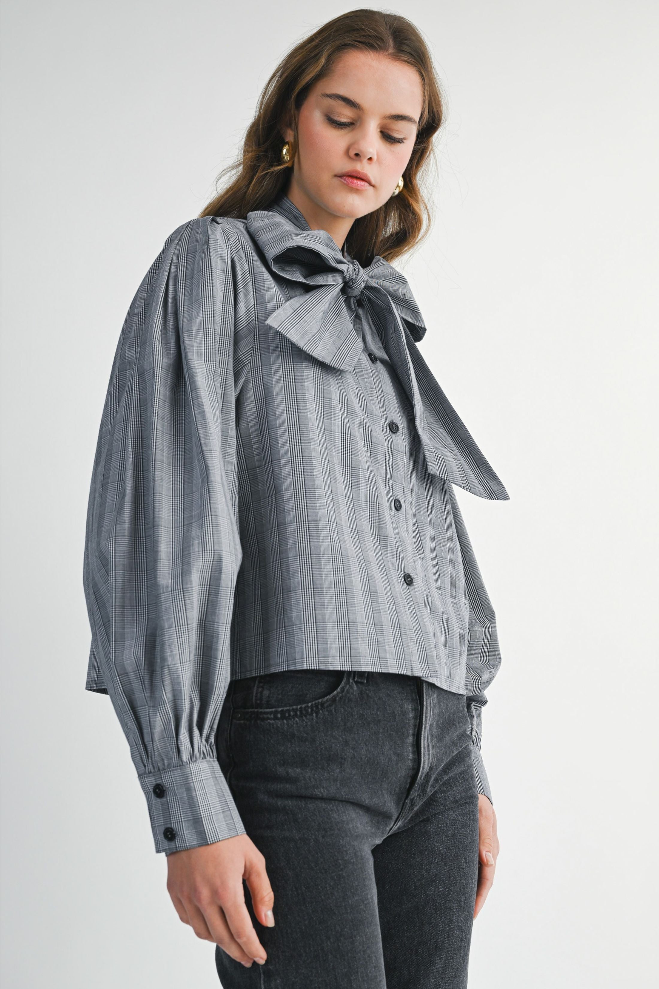 Violet Plaid Bow Blouse Top