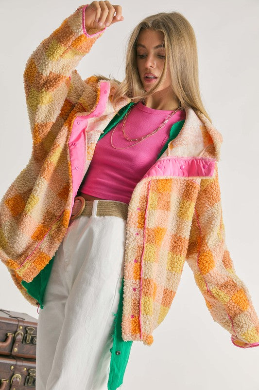 Orange Sherpa Button Up Plaid Shacket