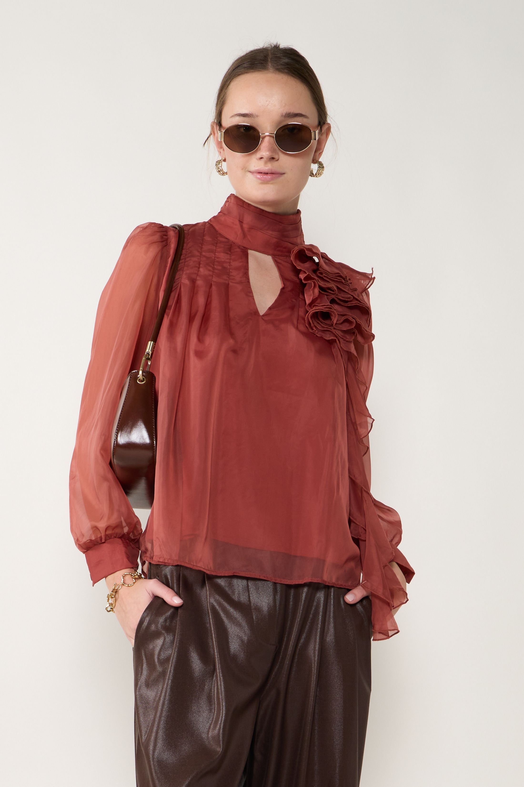 Darla Sheer High Neck Back Blouse