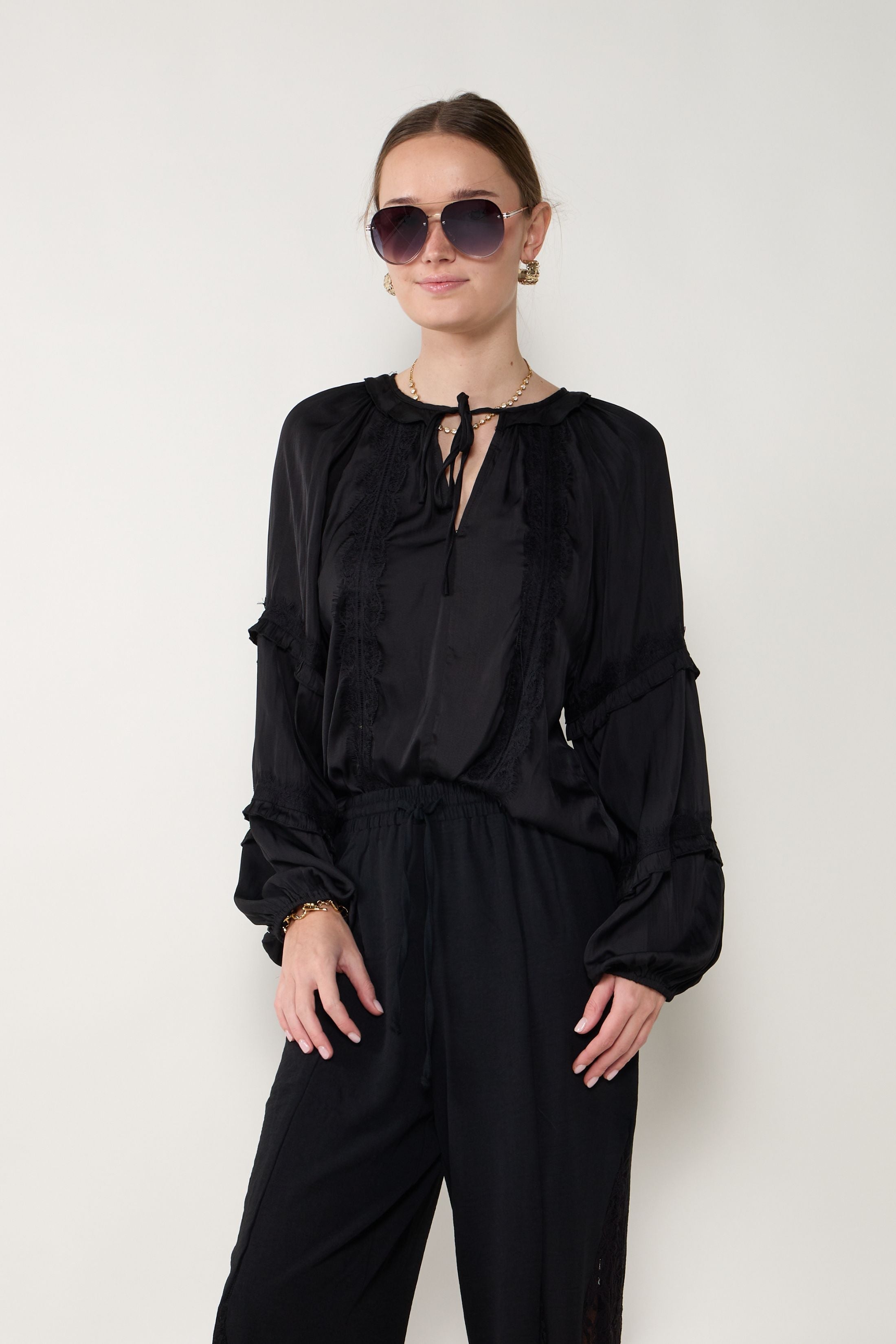 Jamie Silky Lace Detail Long Sleeve Blouse