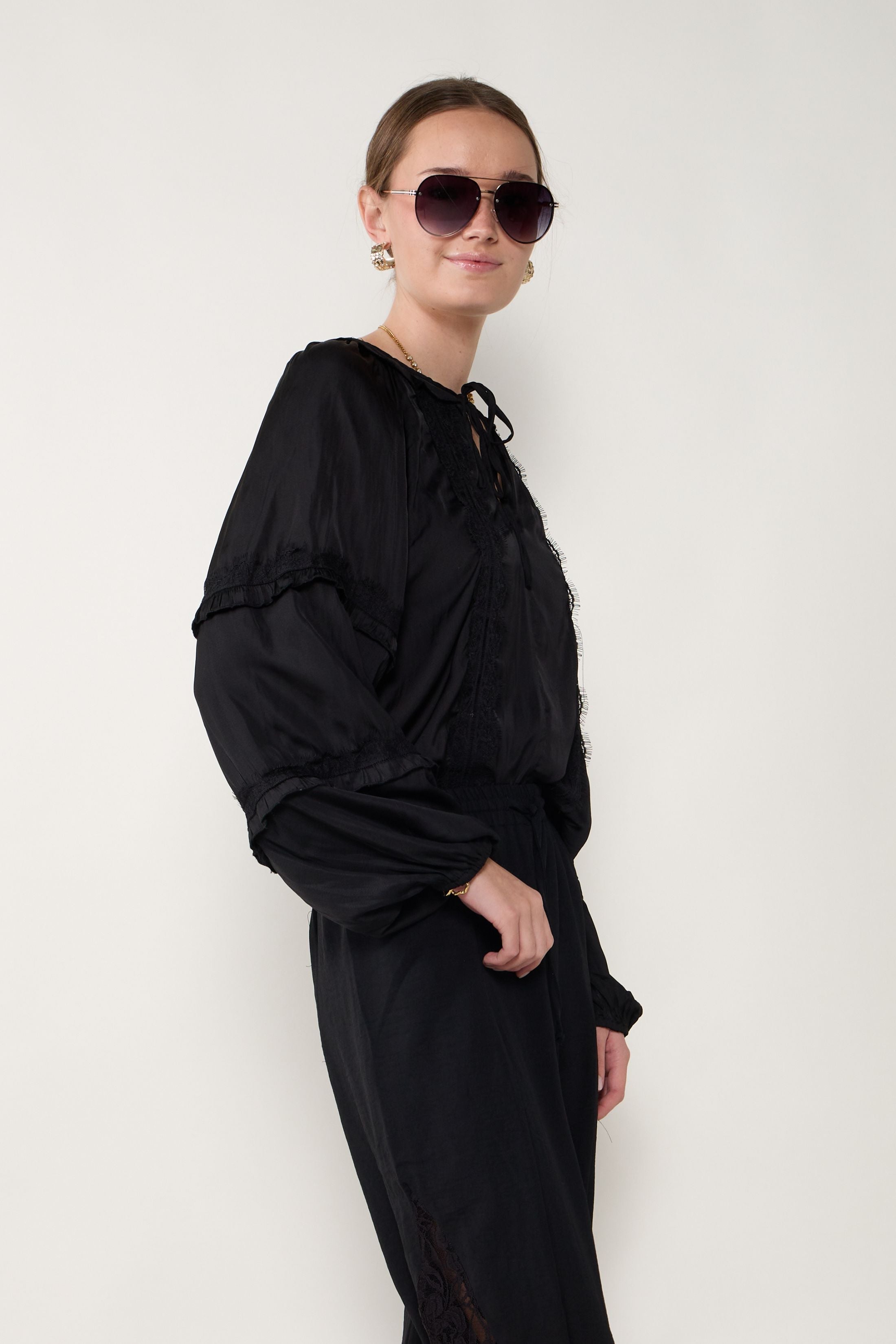 Jamie Silky Lace Detail Long Sleeve Blouse