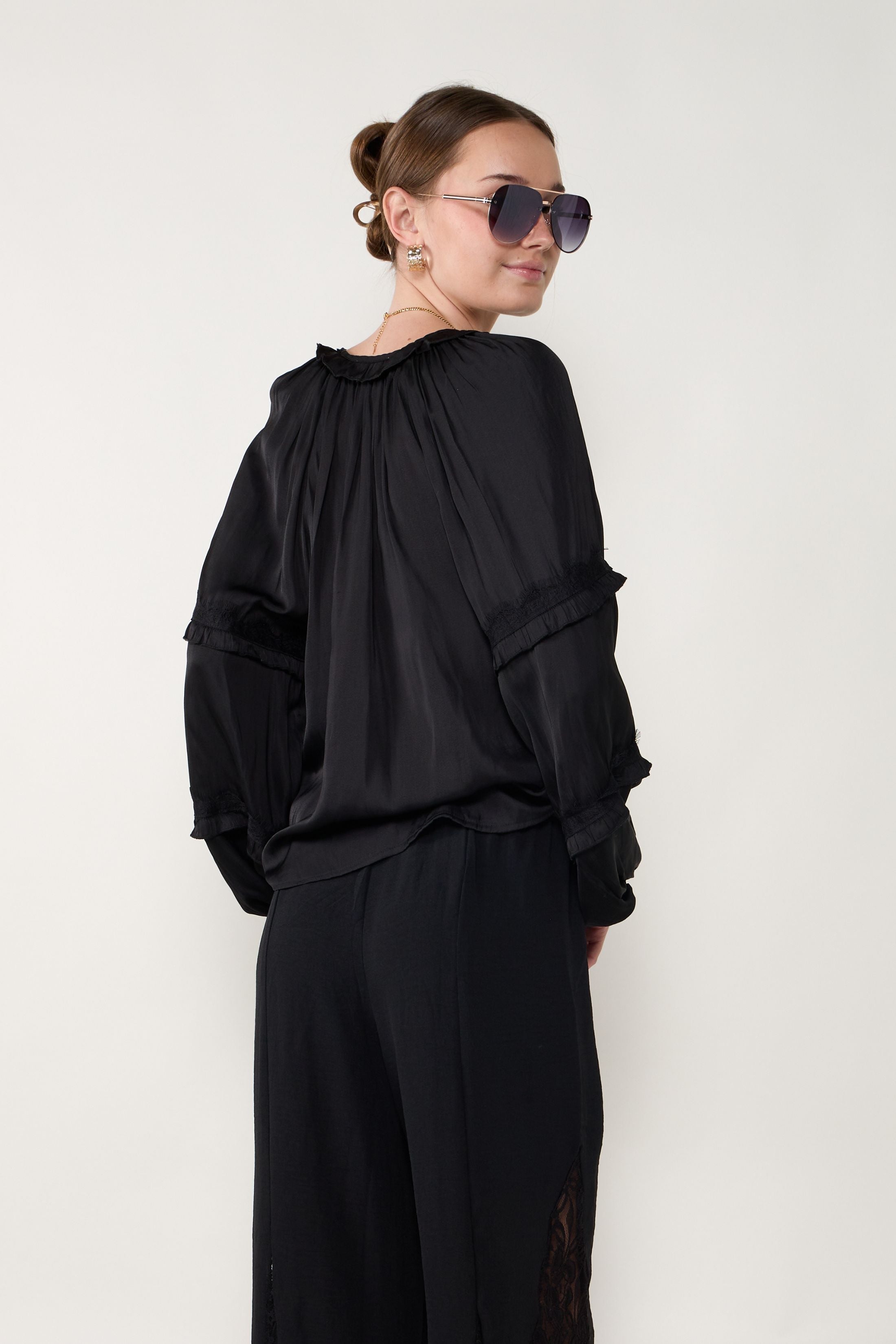Jamie Silky Lace Detail Long Sleeve Blouse
