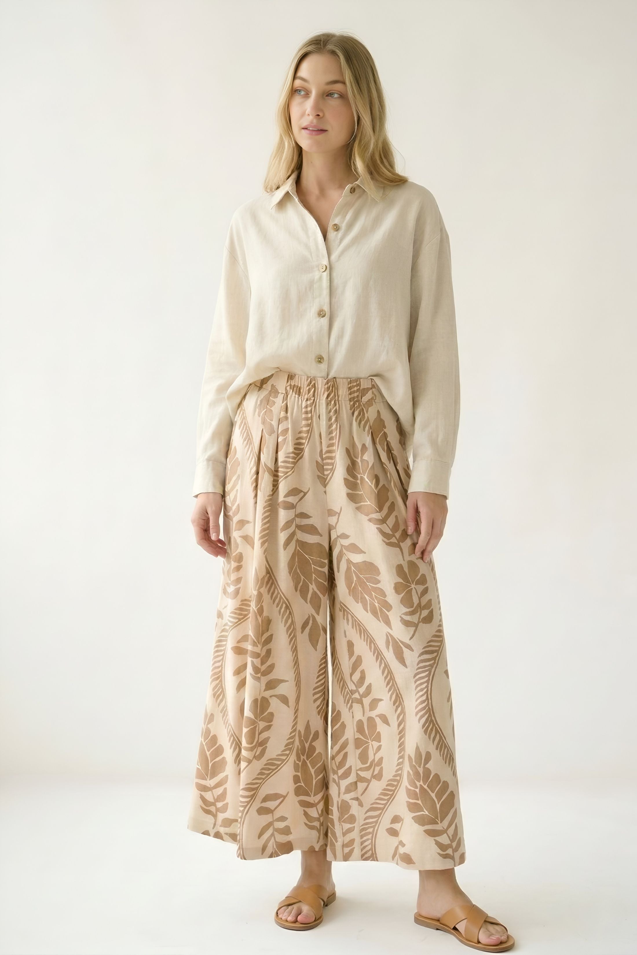 Jess Tropical Leaf Print Wide Leg Pants