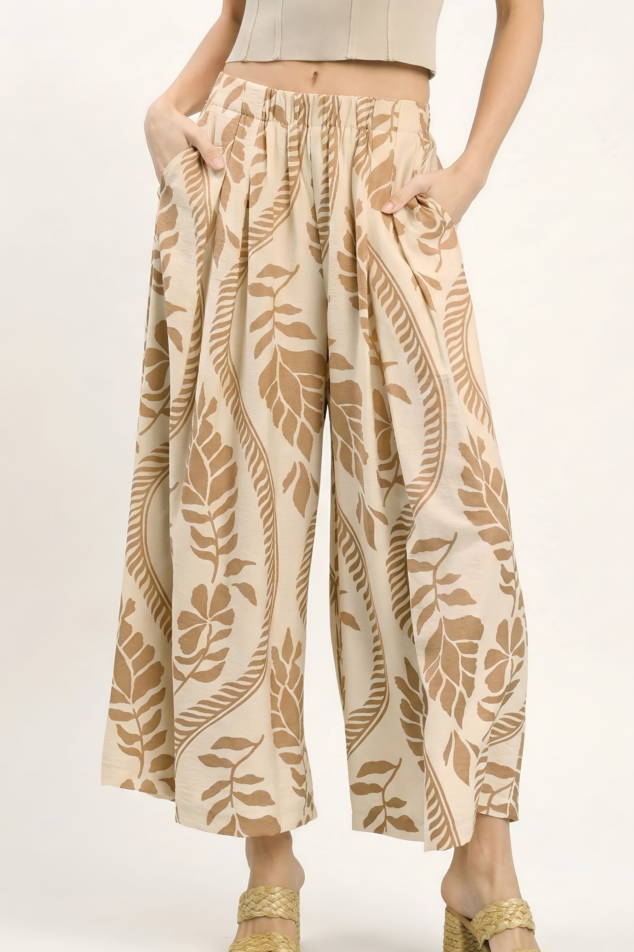 Jess Tropical Leaf Print Wide Leg Pants