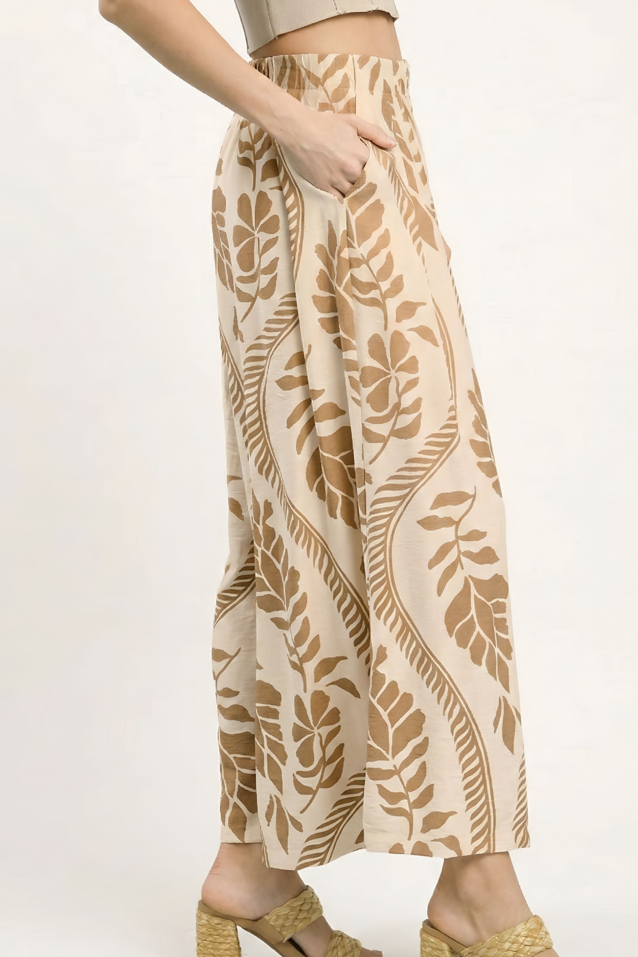 Jess Tropical Leaf Print Wide Leg Pants
