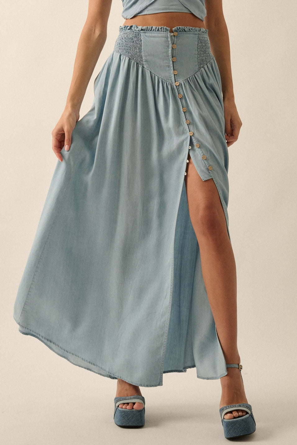 Smocked Denim Maxi Skirt