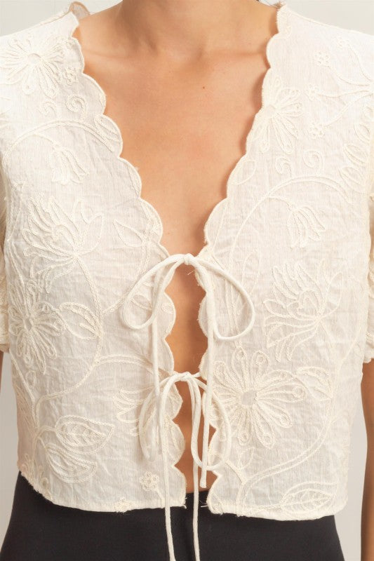 Floral Embroidered Tie Front Top