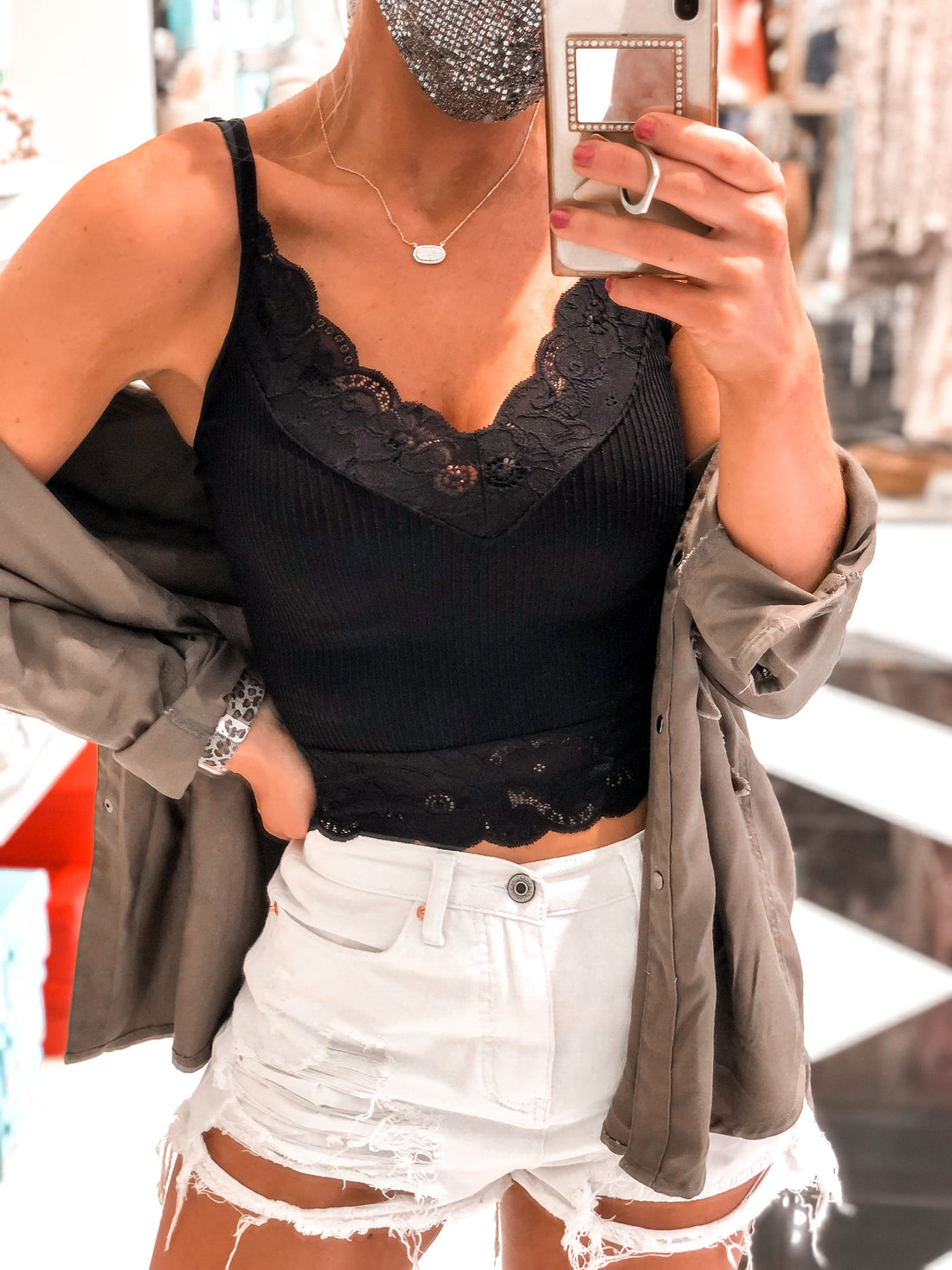 Ribbed Lace Cropped Tank Top